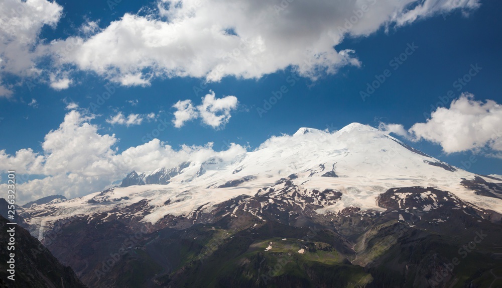 Mountains of the North Caucasus, mountain tops in clouds. Wild nature