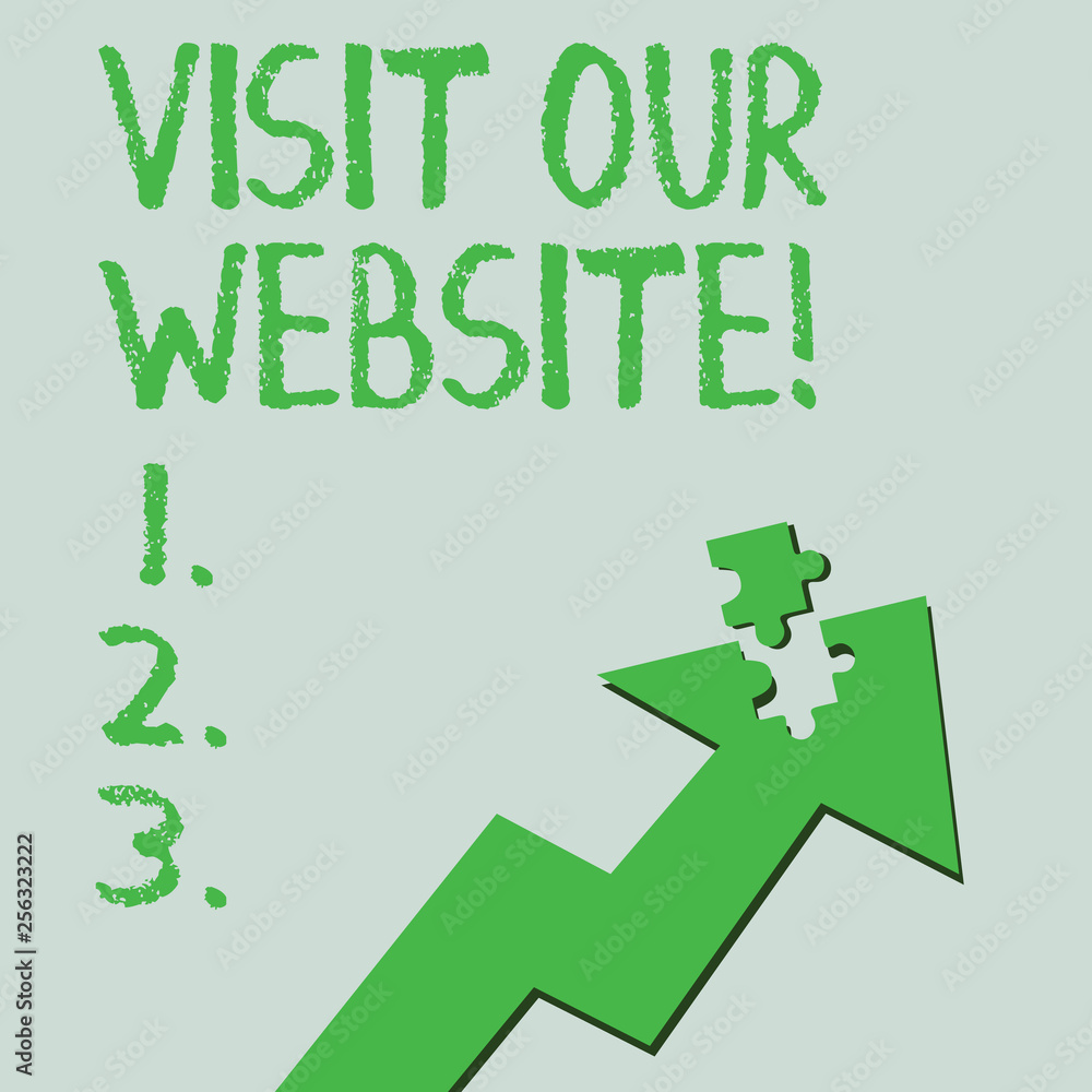 Text sign showing Visit Our Website. Business photo text visitor who arrives at web site and proceeds to browse Colorful Arrow Pointing Upward with Detached Part Like Jigsaw Puzzle Piece Text sign showing Visit Our Website. Business photo text visitor who arrives at web site and proceeds to browse Colorful Arrow Pointing Upward with Detached Part Like Jigsaw Puzzle Piece