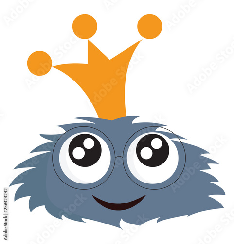 Smiling blue furry monster with eyeglasses and golden crown vector illustration on white background.