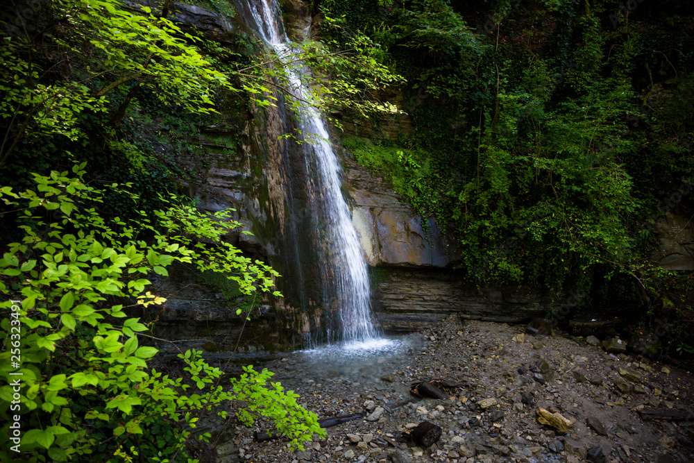 Beautiful falls in mountains, the wild nature of the North Caucasus