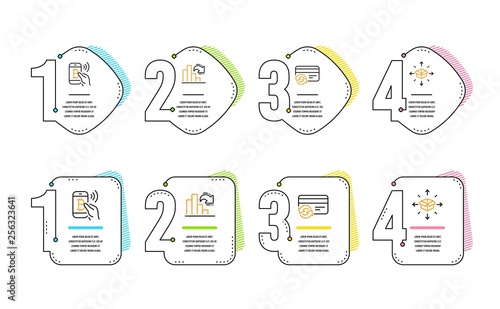 Bitcoin pay, Decreasing graph and Change card icons simple set. Parcel delivery sign. Mobile payment, Column chart, Payment method. Logistics service. Infographic timeline. Line bitcoin pay icon