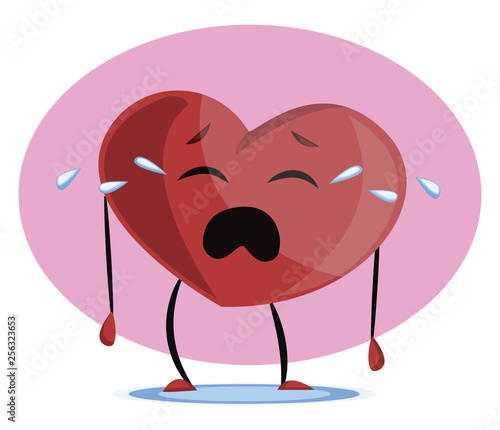 Big red heart crying vector illustration in violet circle on white background.