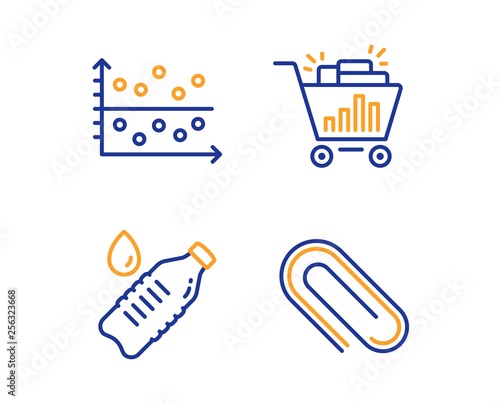 Water bottle, Seo shopping and Dot plot icons simple set. Paper clip sign. Still drink, Analytics, Presentation graph. Attach paperclip. Linear water bottle icon. Colorful design set. Vector