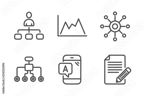 Diagram, Ab testing and Management icons simple set. Restructuring, Multichannel and Article signs. Growth graph, Phone test. Science set. Line diagram icon. Editable stroke. Vector