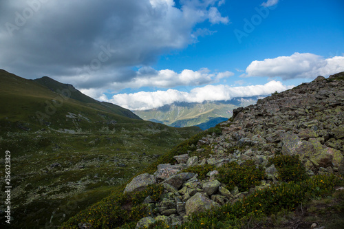 Mountains of the North Caucasus, mountain tops in clouds. Wild nature