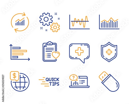 Education, Money diagram and Stock analysis icons simple set. Medical chat, Update data and Horizontal chart signs. Patient history, World money and Medical shield symbols. Line education icon