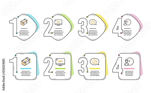 Usd currency, Star and 24h service icons simple set. Working hours sign. Buying commerce, Favorite, Call support. Project deadline. Infographic timeline. Line usd currency icon. 4 options or steps