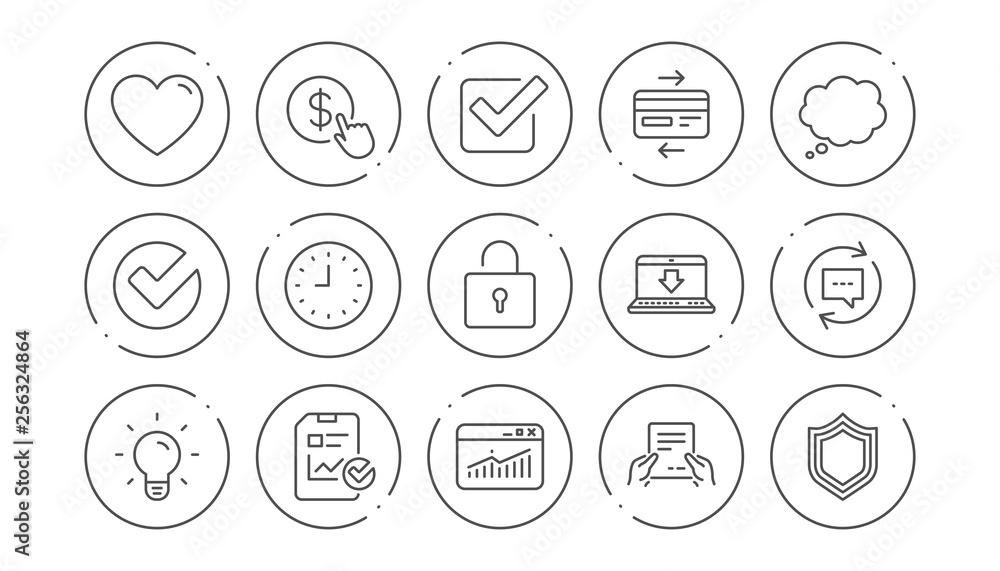Report, Time and Credit card line icons. Statistics, Light bulb and Shield protection. Linear icon set. Line buttons with icon. Editable stroke. Vector Report, Time and Credit card line icons. Statistics, Light bulb and Shield protection. Linear icon set. Line buttons with icon. Editable stroke. Vector