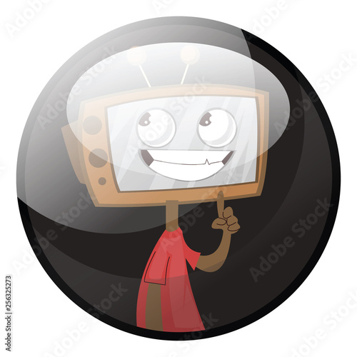 Cartoon character of human looking tv vector illustration in grey circle on white background.
