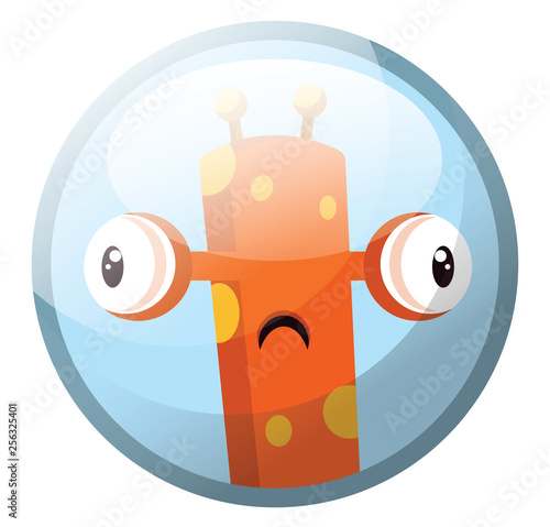 Cartoon character of a orange monster with yellow dots and eyes standing out looking suprised vector illustration in light blue circle on white background.