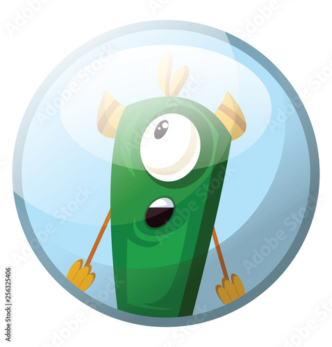 Cartoon character of a green monster with one eye looking suprised vector illustration in blue circle on white background.
