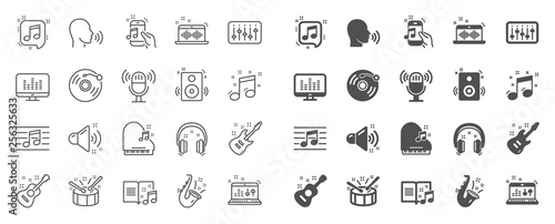 Music line icons. Set of Acoustic guitar, Musical note, Vinyl record icons. Jazz saxophone, Drums with drumsticks, DJ controller. Sound check, Mic, Music making, Electric guitar. Musical note. Vector photo