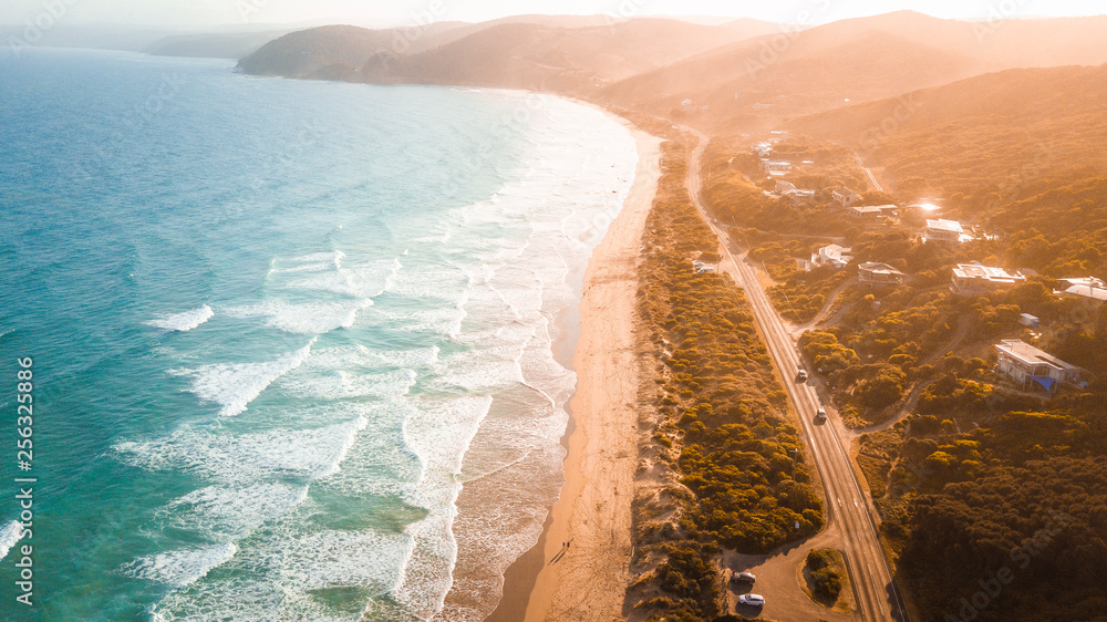 Aerial view of Waves and Beach of Great Ocean Road Australia
