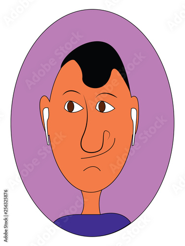 Caricature of a man with airpods inside pink elipse vector illustration on white background.