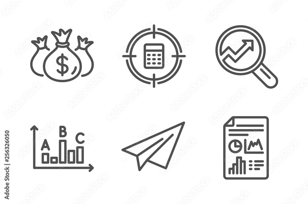 Check investment, Paper plane and Calculator target icons simple set. Analytics, Survey results and Report document signs. Business report, Airplane. Technology set. Line check investment icon Check investment, Paper plane and Calculator target icons simple set. Analytics, Survey results and Report document signs. Business report, Airplane. Technology set. Line check investment icon