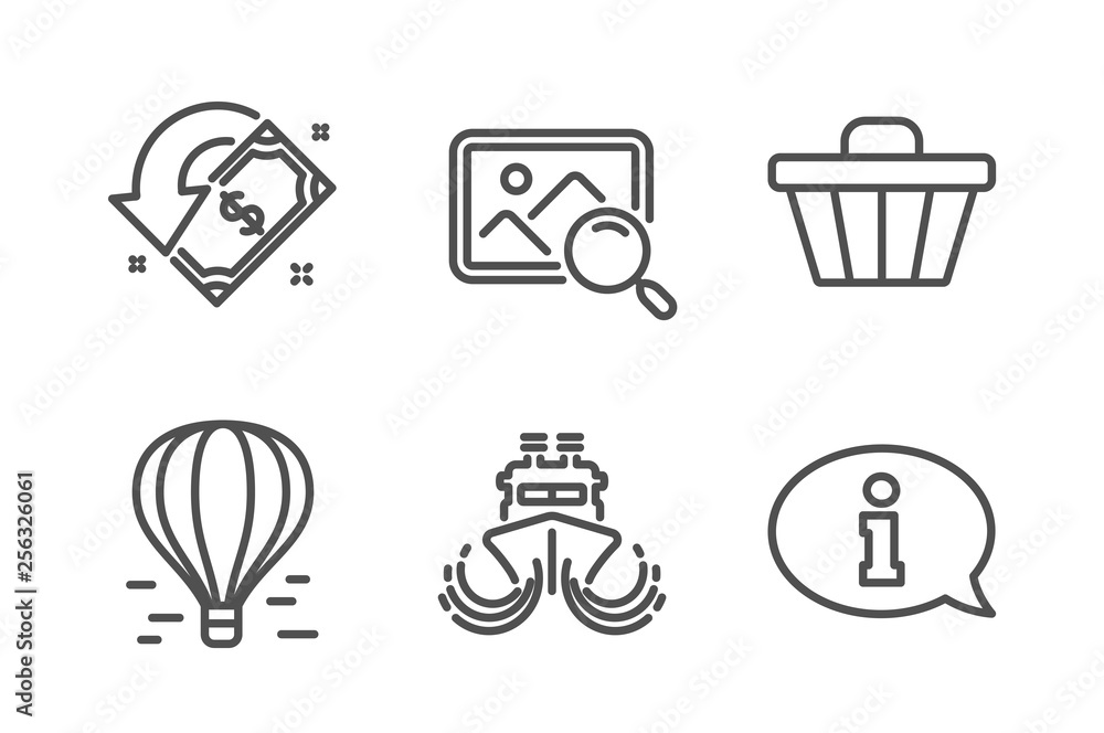Cashback, Shop cart and Air balloon icons simple set. Search photo, Ship and Information signs. Receive money, Web buying. Technology set. Line cashback icon. Editable stroke. Vector Cashback, Shop cart and Air balloon icons simple set. Search photo, Ship and Information signs. Receive money, Web buying. Technology set. Line cashback icon. Editable stroke. Vector