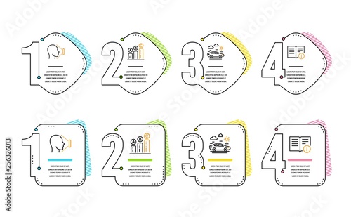 Graph chart, Car travel and Face id icons simple set. Technical info sign. Growth report, Transport, Identification system. Documentation. Infographic timeline. Line graph chart icon. Vector