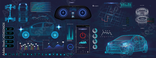 Application Elements for Car, Futuristic style (HUD). Ui,UX, Kit. Set Elements for mobile app, dark color, dashboard, navigation & 3d model. Template smartphone application. Vector elements set HUD UI