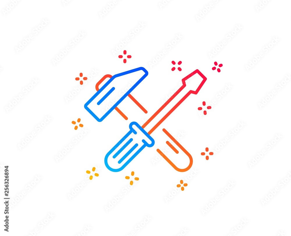 Hammer and screwdriver line icon. Repair service sign. Fix instruments symbol. Gradient design elements. Linear hammer tool icon. Random shapes. Vector Hammer and screwdriver line icon. Repair service sign. Fix instruments symbol. Gradient design elements. Linear hammer tool icon. Random shapes. Vector