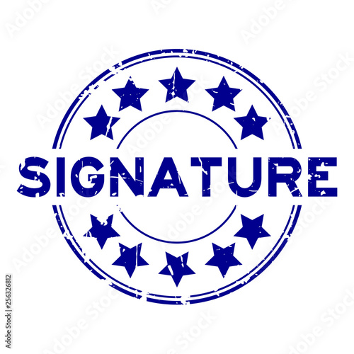 Grunge blue signature word with star icon round rubber seal stamp on white background