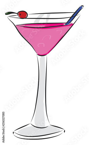Pink cocktail with a red cherry and blue stearing spoon vector illustration on white background