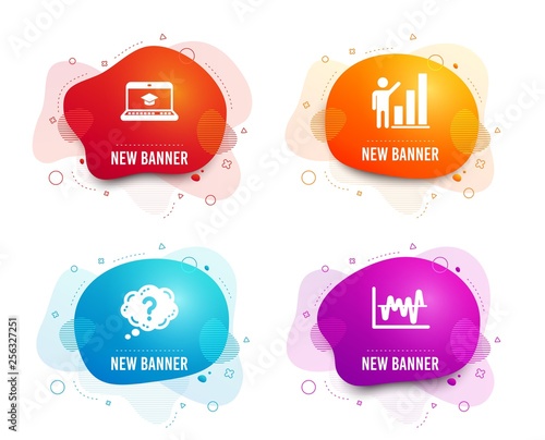 Liquid badges. Set of Question mark, Website education and Graph chart icons. Stock analysis sign. Quiz chat, Video learning, Growth report. Business trade.  Gradient question mark icon. Vector