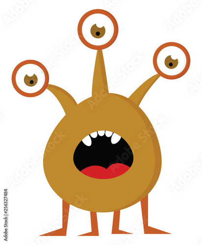 Suprised brown monster with three eyes and four legs vector illustration on white background
