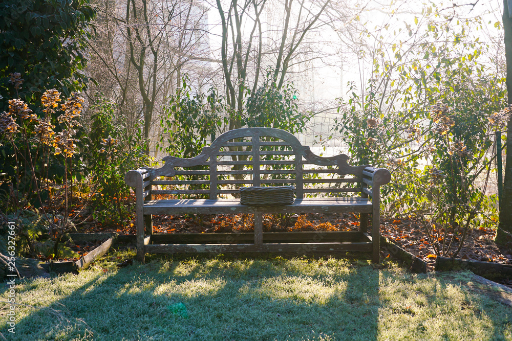 Obraz premium Winter at the pond in natural beautiful garden. A landscape view on a summer morning in frost & sunlight of a garden, plant borders, green frosty grass lawn brown and wood bench.