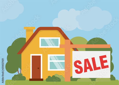 Vector illustration. House with sale sign.