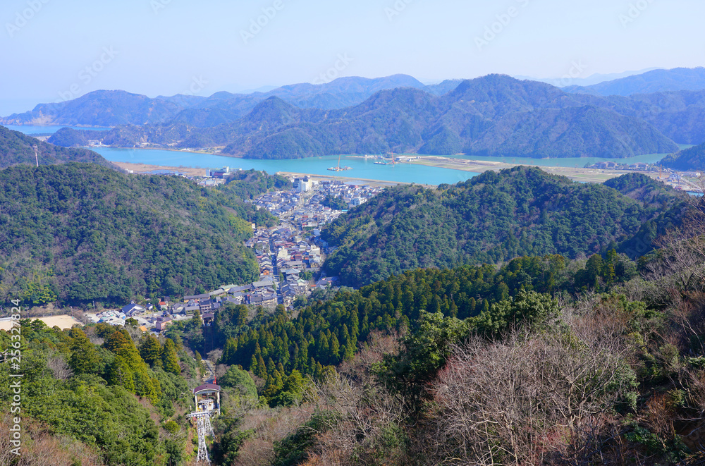 Naklejka premium Aerial view of the thermal bath town of Kinosaki Onsen seen from Mount Daishi in Hyogo prefecture, Japan