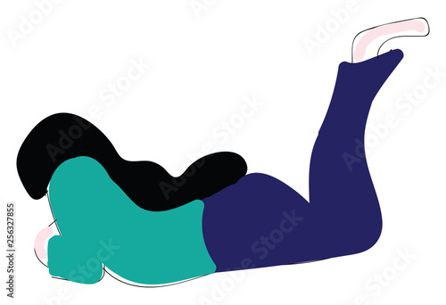 Abstract vector illustration of a girl in blue pants and turquoise sweater laying white background