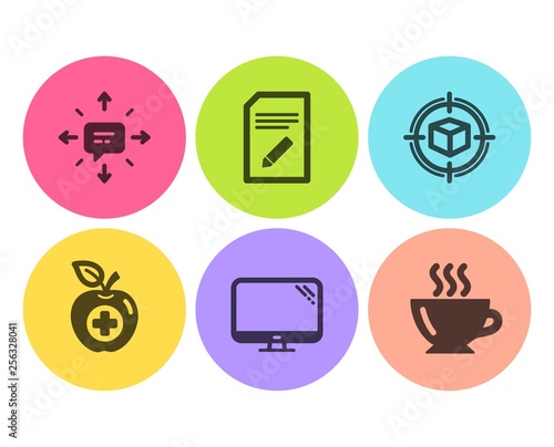 Computer, Medical food and Parcel tracking icons simple set. Edit document, Sms and Coffee signs. Pc component, Apple. Flat computer icon. Circle button. Vector