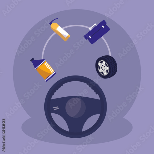 car wheel with workshop icons