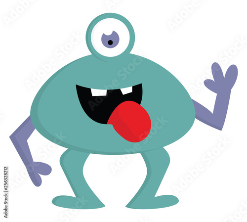 Happy blue one-eyed monster with violet arms and open mouth vector illustration on white background