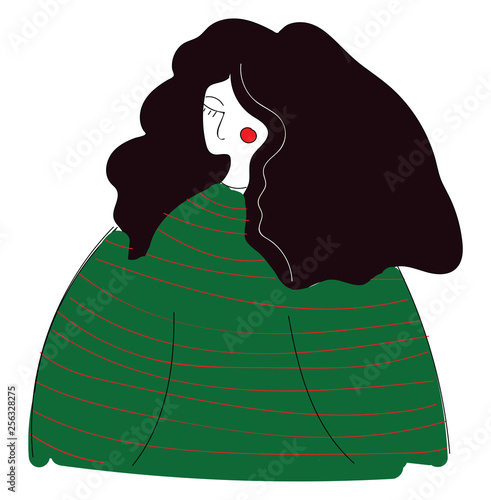 Abstract portrait of a girl with long dark hair in a green sweater with red stripes vector illustration opn white background photo