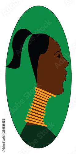 Profile of a girl wiith golden neck rings vector illustration in green eclips on white background