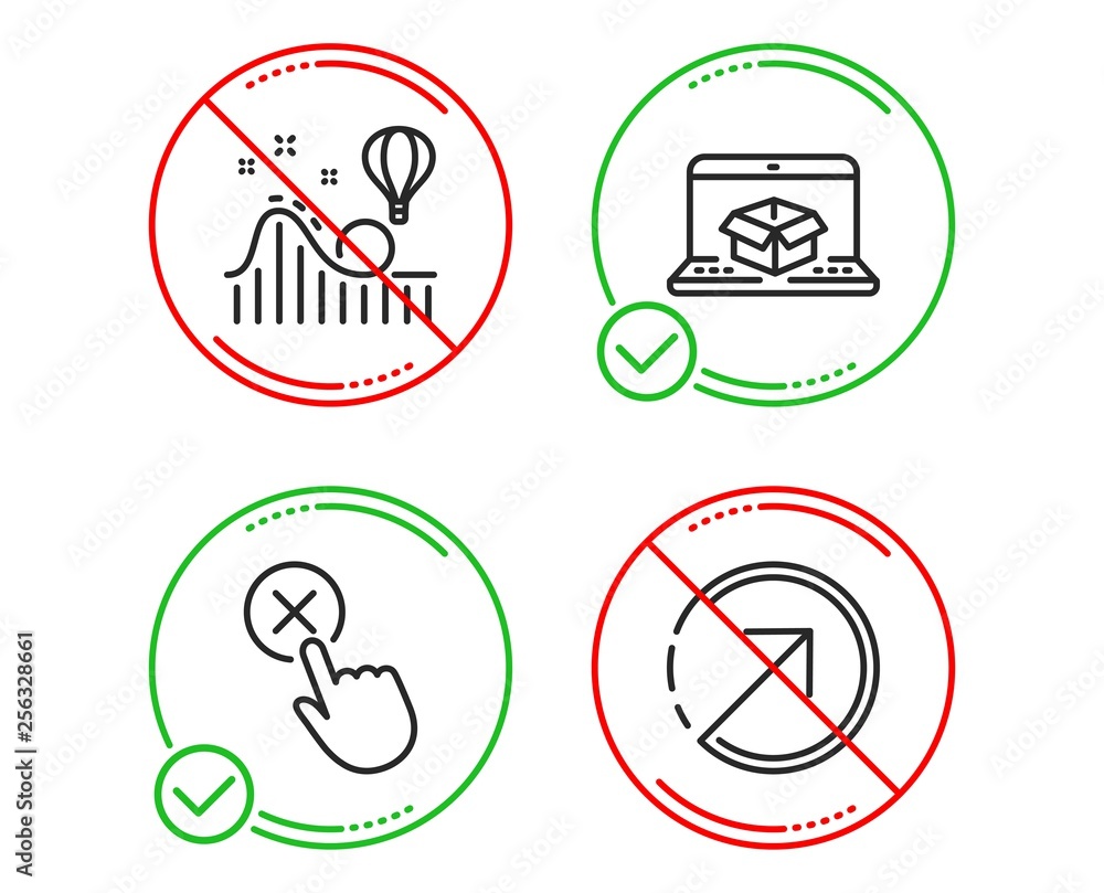 Do or Stop. Online delivery, Reject click and Roller coaster icons simple set. Direction sign. Parcel tracking website, Delete button, Attraction park. Navigation pointer. Technology set. Vector Do or Stop. Online delivery, Reject click and Roller coaster icons simple set. Direction sign. Parcel tracking website, Delete button, Attraction park. Navigation pointer. Technology set. Vector