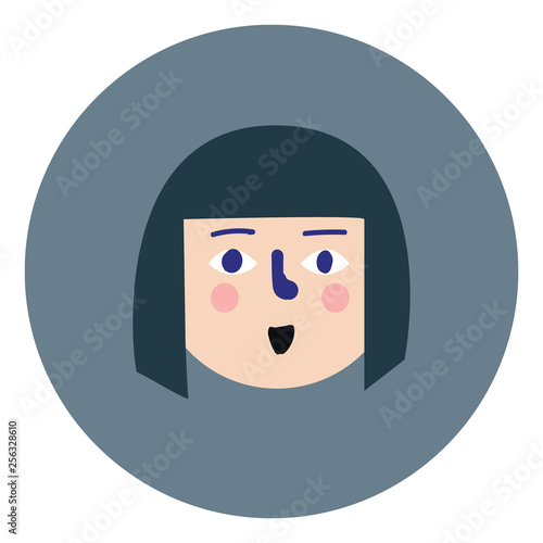 Cartoon smiling girl vector illustration in grey circle on whiote background photo