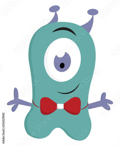 Vector illustration on white background of a turquoise one-eyed monster smiling with a red bow tie