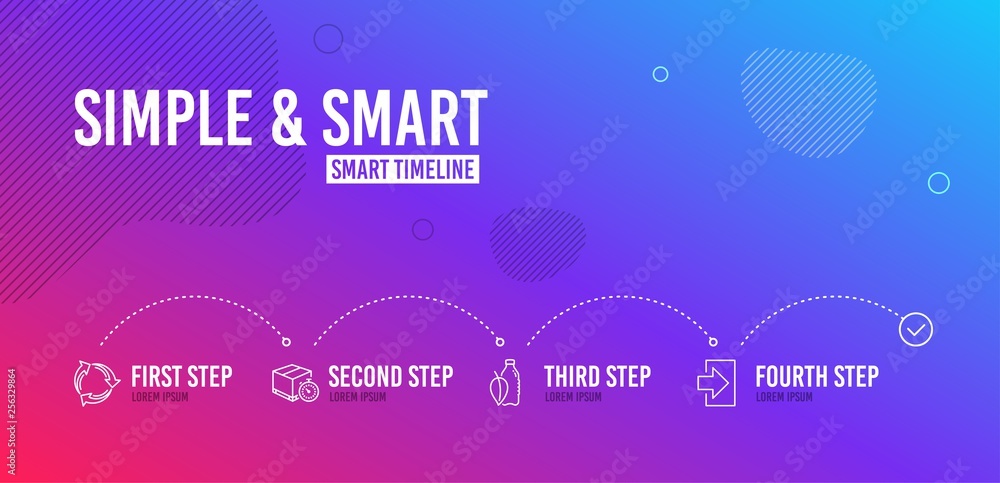 Infographic timeline. Delivery timer, Water bottle and Recycle icons simple set. Login sign. Express logistics, Mint leaf drink, Recycling waste. Sign in. Business set. 4 steps layout. Vector Infographic timeline. Delivery timer, Water bottle and Recycle icons simple set. Login sign. Express logistics, Mint leaf drink, Recycling waste. Sign in. Business set. 4 steps layout. Vector