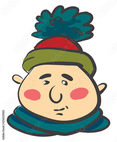 Man in warm pompom hat vector or color illustration