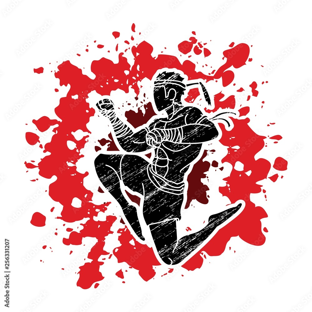 Muay Thai fighting , Thai boxing jumping to attack cartoon graphic vector Muay Thai fighting , Thai boxing jumping to attack cartoon graphic vector