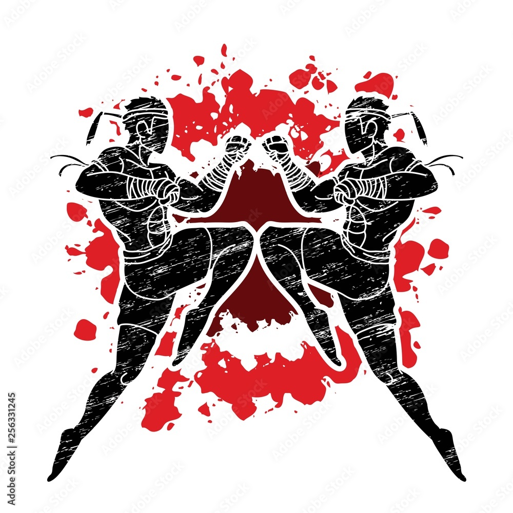 Muay Thai action , Thai boxing jumping to attack Cartoon graphic vector 