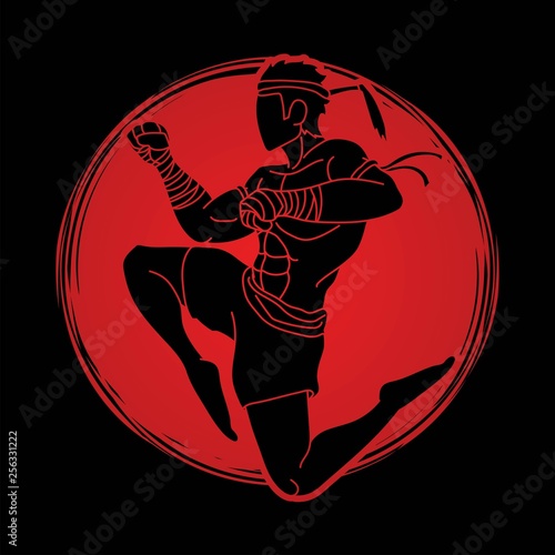 Muay Thai fighting , Thai boxing jumping to attack cartoon graphic vector 