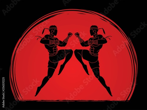 Muay Thai action , Thai boxing jumping to attack Cartoon graphic vector 