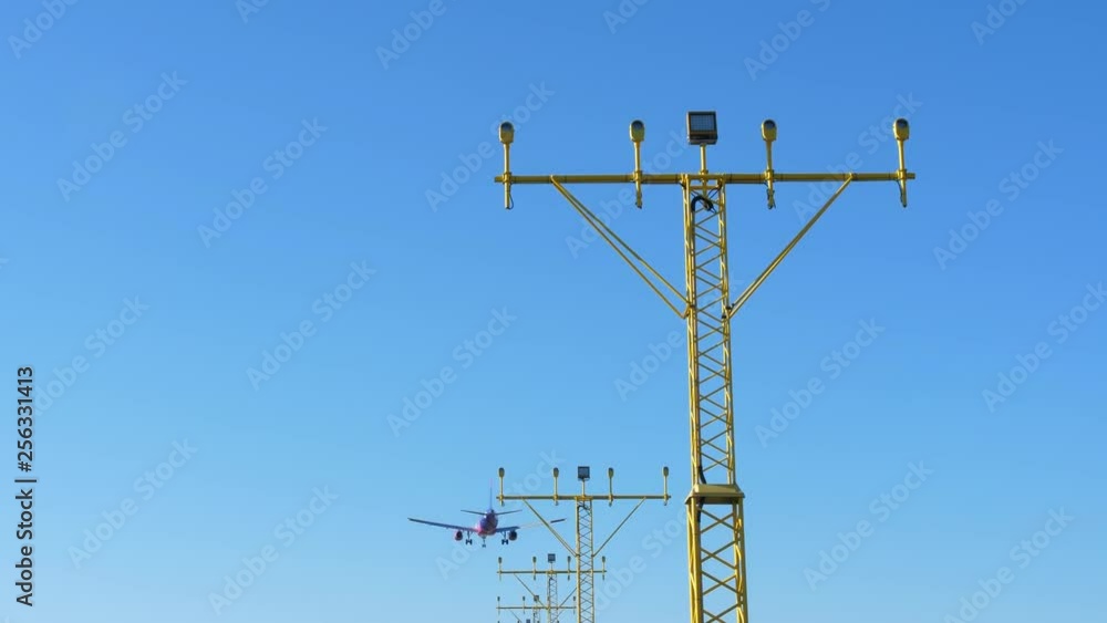 Airplane Flying Low when Approaching Airport Runway During Landing Slow Motion Airplane Flying Low when Approaching Airport Runway During Landing Slow Motion