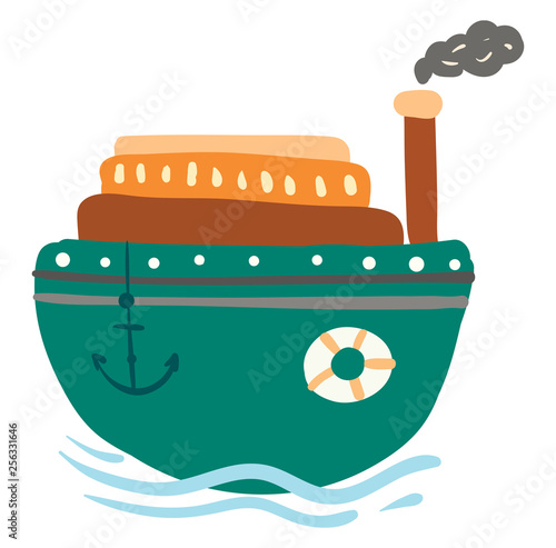 Green steam ship with anchor vector or color illustration
