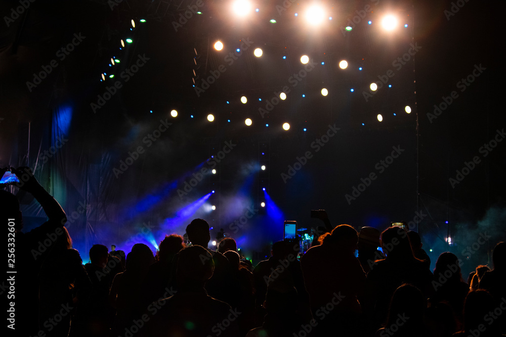 Group of people in outdoor concert, illuminated stage, high technology, powerful sound, latin america, fun, work, latin america.