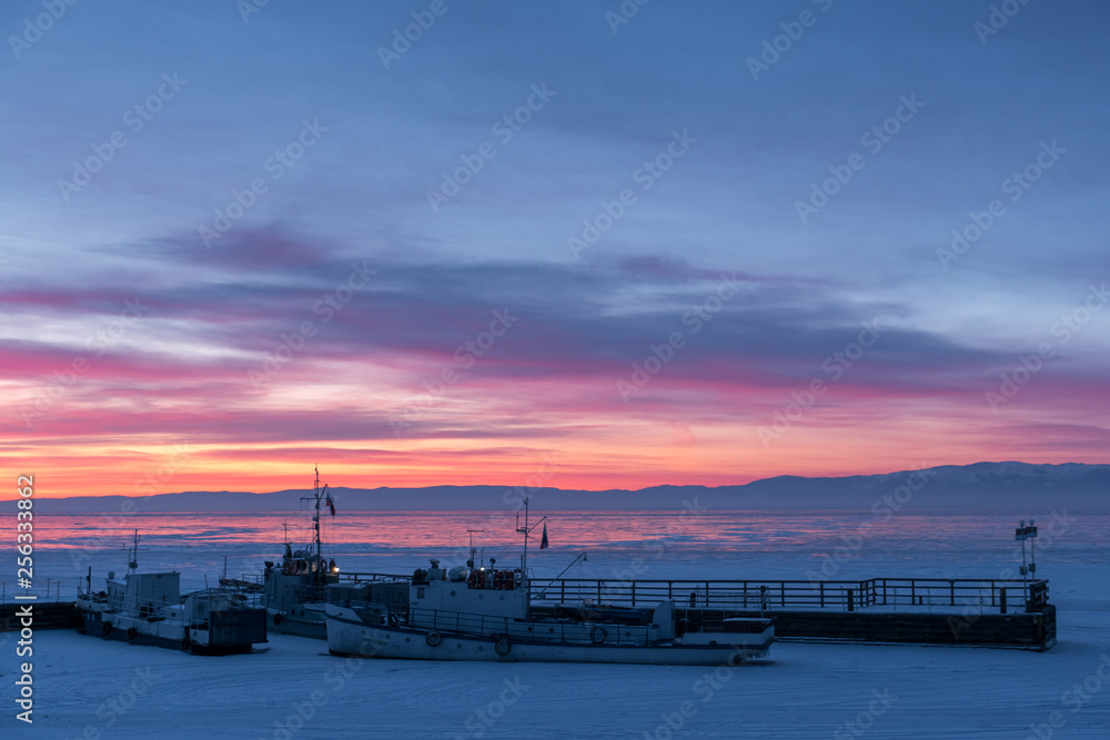 Frozen ships in ice on Lake Baikal
