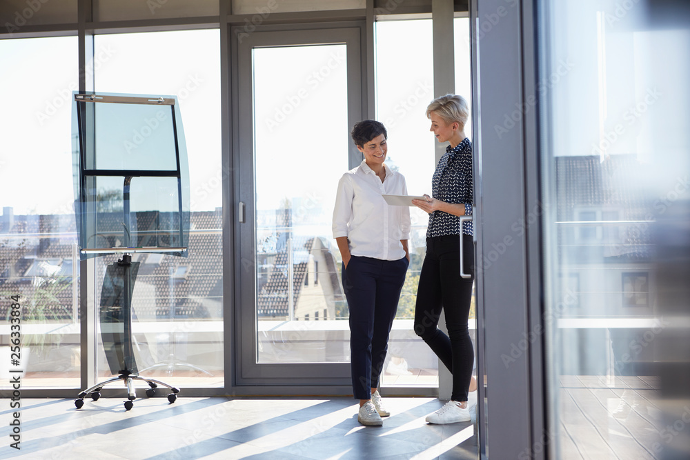Two smiling businesswomen looking at tablet at the window in bright office Two smiling businesswomen looking at tablet at the window in bright office